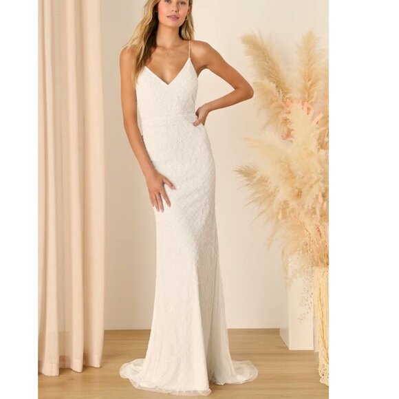 Cherished Vow White Beaded Backless Mermaid Maxi Dress Lulus Size Large - Picture 1 of 13